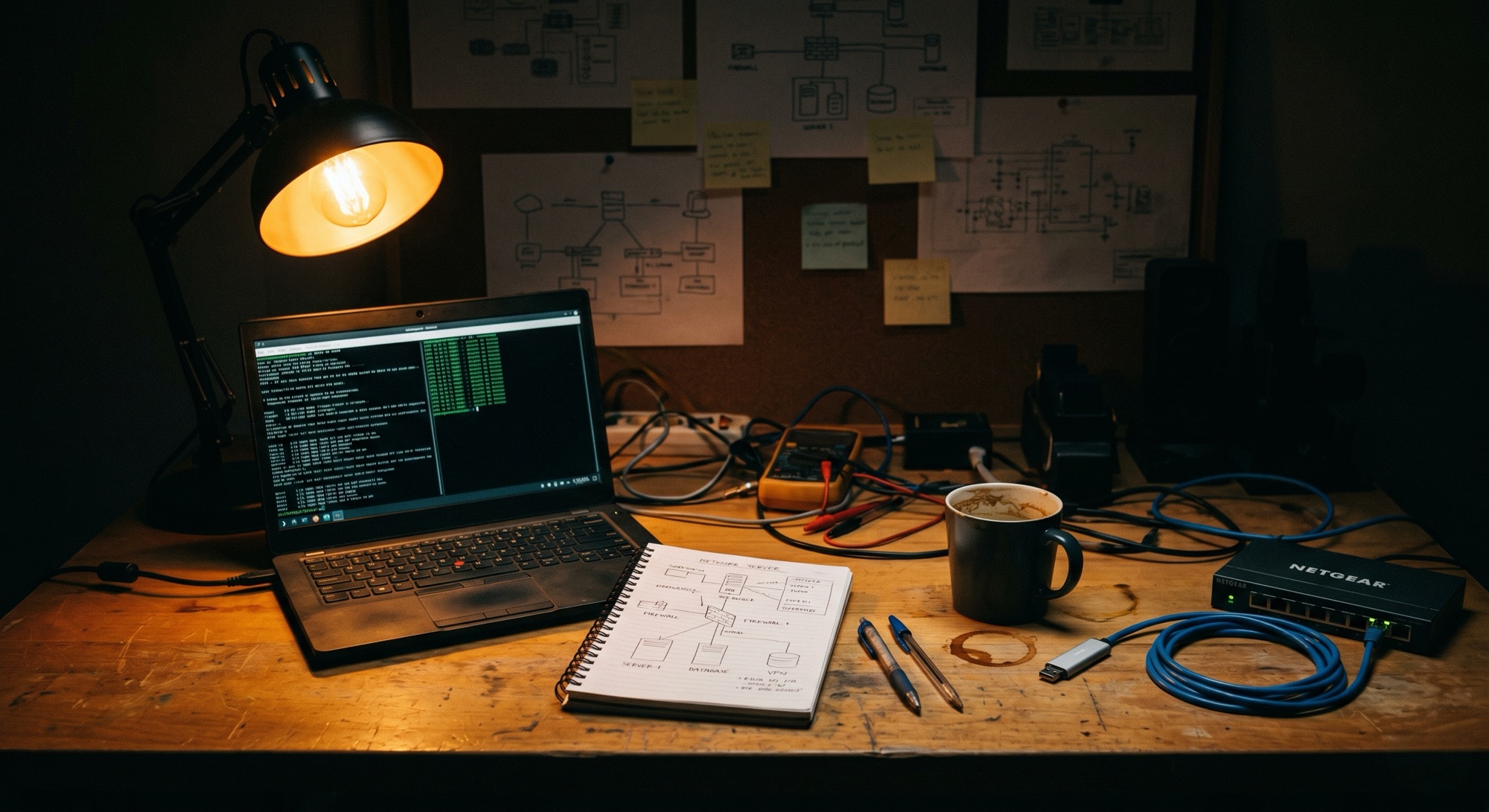 A workbench lit by a single lamp after hours